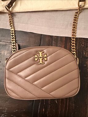 Tory Burch Kira Camera  Chevron Quilted Taupe Leather Crossbody with Gold Chain